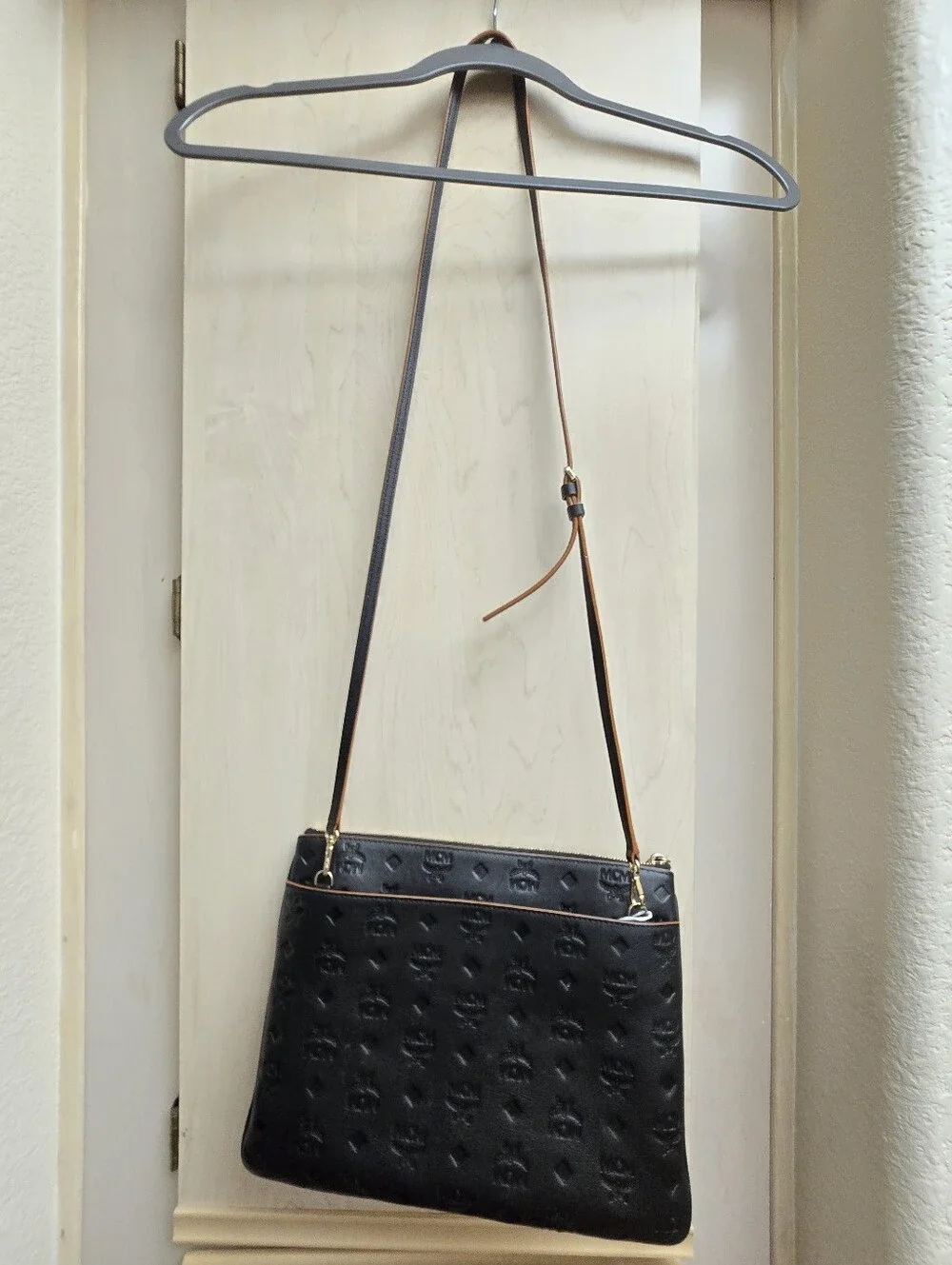 MCM Black Leather Embossed Crossbody with Tan Strap